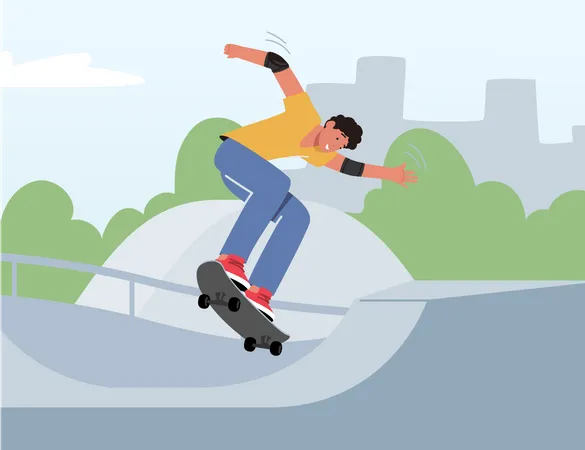 Jovem pulando de skate treinando acrobacias radicais  Ilustração