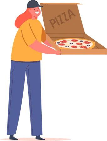 Menina segurando uma caixa de pizza  Ilustração