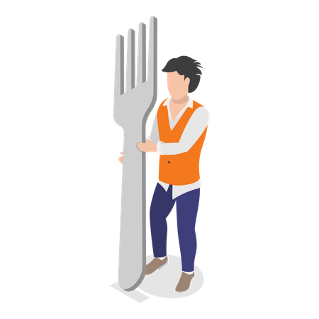 Jovem segurando garfo  Ilustração