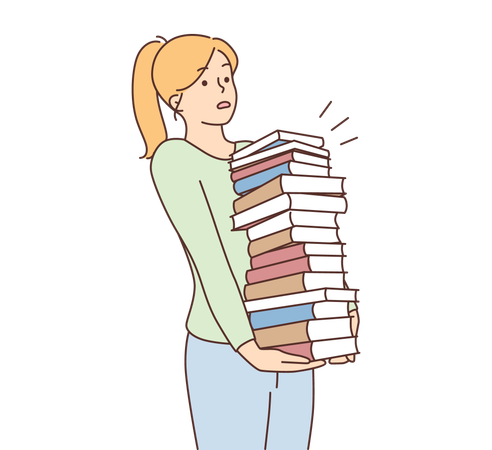 Menina segurando uma pilha de livros  Ilustração