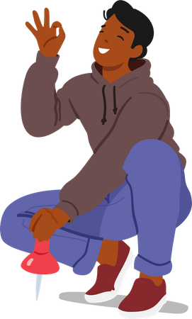 Jovem segurando um alfinete enorme na mão e fazendo um gesto de ok  Ilustração