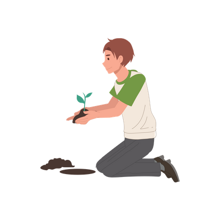 Jovem segurando uma pequena planta verde nas mãos com terra para plantá-la  Ilustração