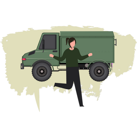 Jovem em pé no caminhão do exército recentemente  Ilustração