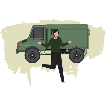 Jovem em pé no caminhão do exército recentemente  Ilustração