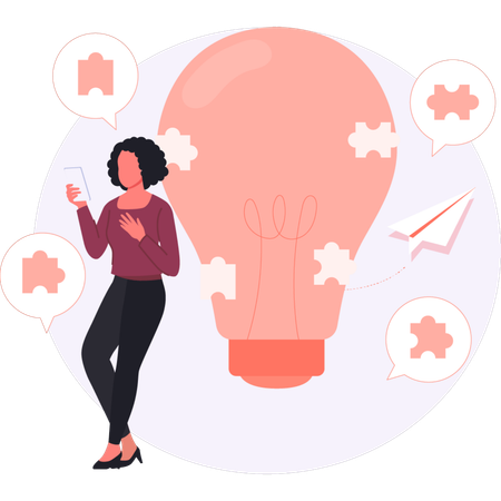 Jovem senhora encontrando ideias de soluções  Ilustração