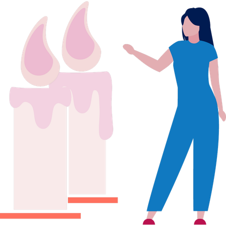 Jovem senhora está apontando para uma vela acesa  Ilustração