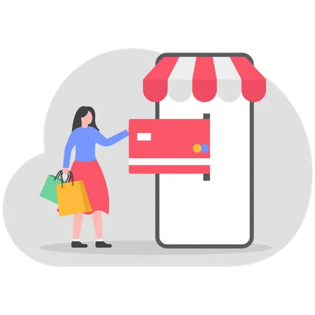 Jovem fazendo pagamento de compras online  Ilustração