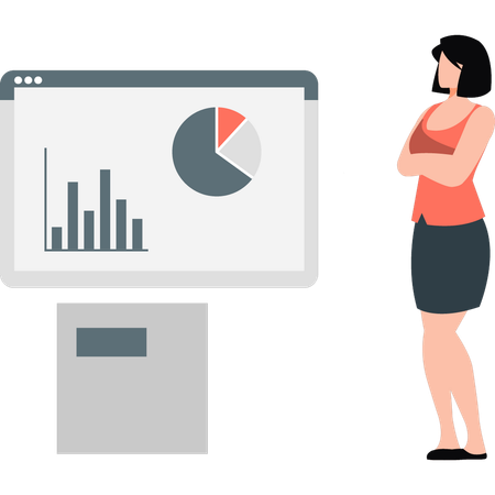 Jovem senhora olhando o gráfico de crescimento empresarial na página da web  Ilustração