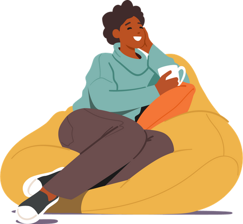 Jovem sentada no pufe e tomando café  Illustration