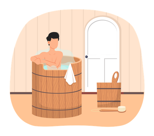 Jovem sentado na banheira lavando o corpo na sauna  Ilustração