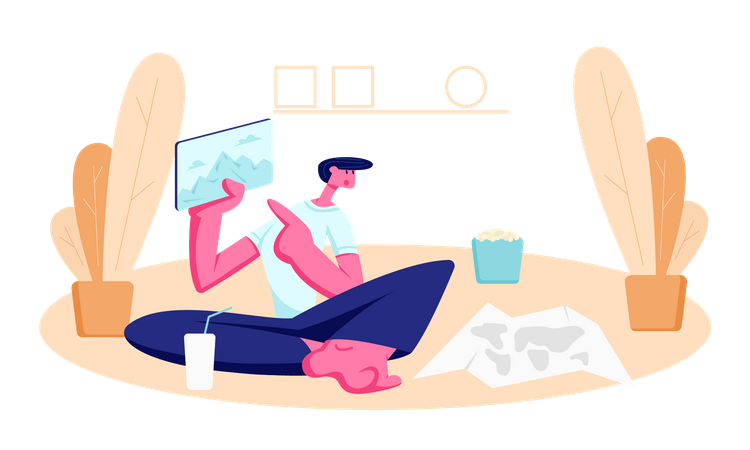Jovem sentado no chão em casa com bebida gelada  Ilustração