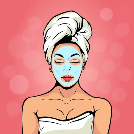Mulher jovem sexy em toalha de banho com máscara cosmética no rosto. Fundo vetorial colorido em estilo cômico retrô pop art. Rosto feminino sorridente e relaxante.  Ilustração