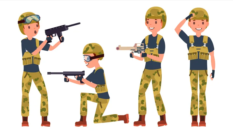 Vetor De Homem Jovem Soldado Do Exercito Poses Pronto Para A Batalha Uniforme De Camuflagem Guerra Homem Ilustra O Plana De Desenho Militar Ilustração