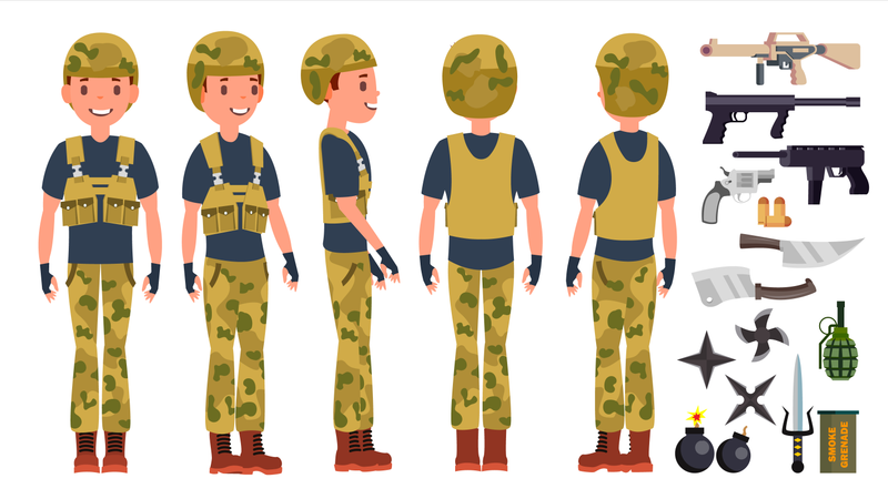 Homem jovem soldado do exército com pose diferente  Ilustração