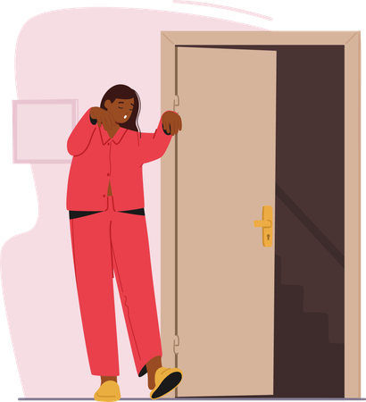 Jovem sonâmbula de pijama vermelho abre porta no meio da noite  Ilustração