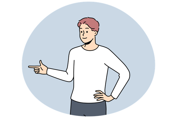 Jovem sorridente apontando para o lado demonstrando bom negócio  Ilustração