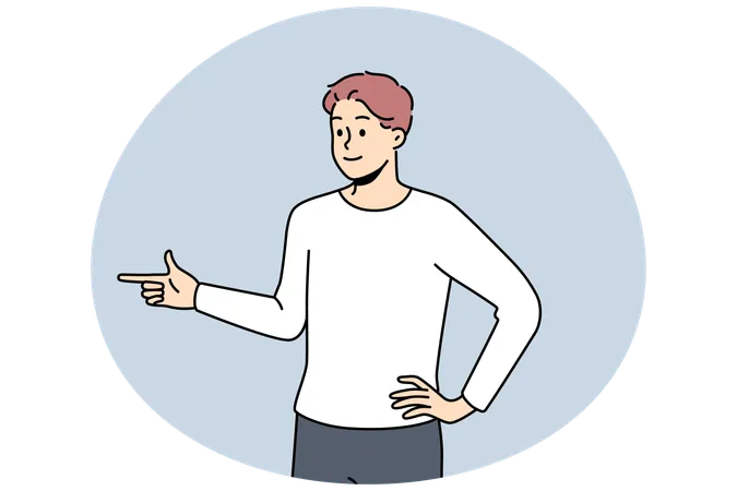 Jovem sorridente apontando para o lado demonstrando bom negócio  Ilustração