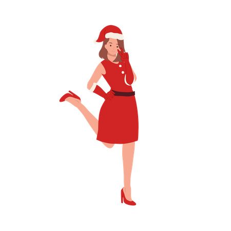 Mulher jovem sorridente com fantasia de Papai Noel, linda garota com roupa de Papai Noel,  Ilustração