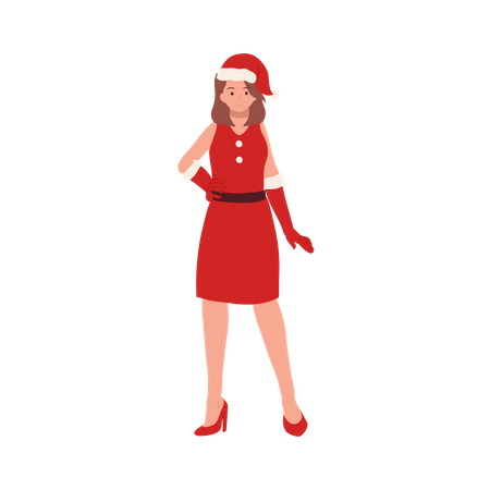 Mulher jovem sorridente com fantasia de Papai Noel, linda garota com roupa de Papai Noel,  Ilustração