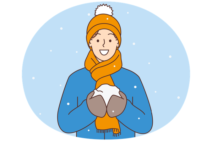Jovem sorridente em agasalhos com bola de neve nas mãos aproveitando as férias de inverno  Ilustração
