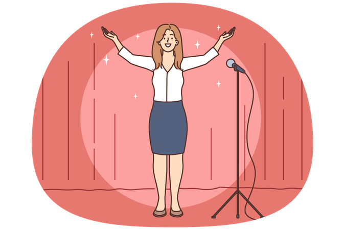 Jovem mulher sorridente no palco agradecendo pela recepção calorosa  Ilustração
