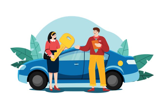 Jovem sorridente recebendo a chave de um carro novo  Ilustração