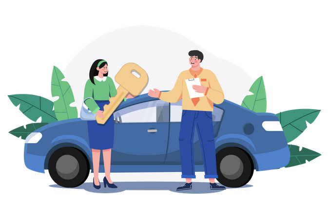 Jovem sorridente recebendo a chave de um carro novo  Ilustração