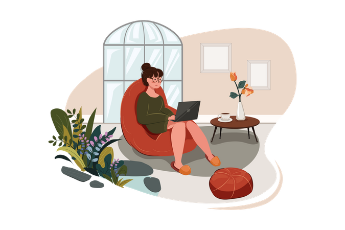 Mulher jovem sorridente usando um laptop e fazendo uma videochamada em casa  Ilustração