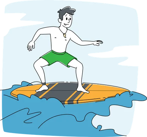 Personagem de jovem surfista em trajes de banho surfando em uma grande onda do mar a bordo  Ilustração