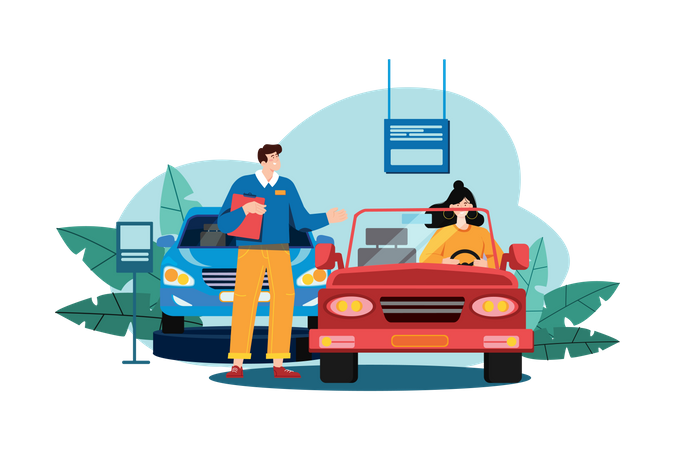 Jovem testando um carro em um showroom de automóveis  Ilustração