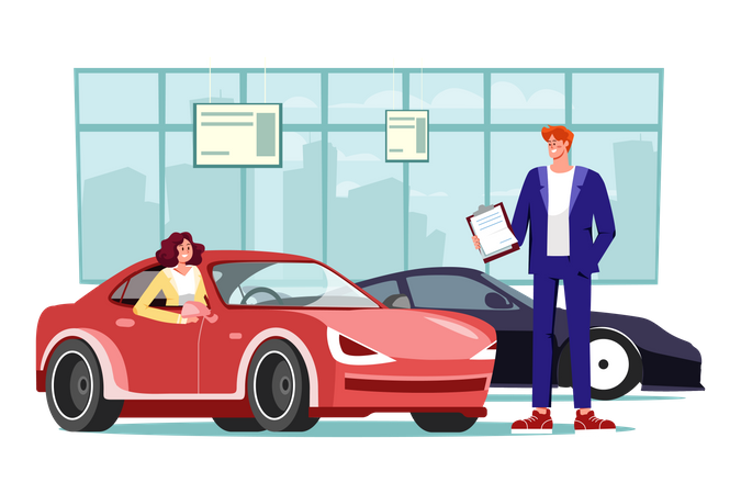 Jovem testando um carro em um showroom de automóveis  Ilustração