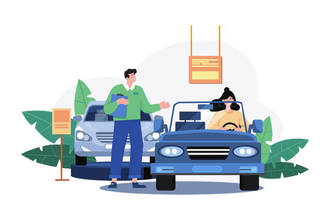 Jovem testando um carro em um showroom de automóveis  Ilustração