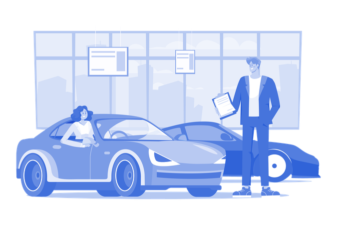 Jovem testando um carro em um showroom de automóveis  Ilustração