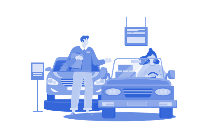 Jovem testando um carro em um showroom de automóveis  Ilustração