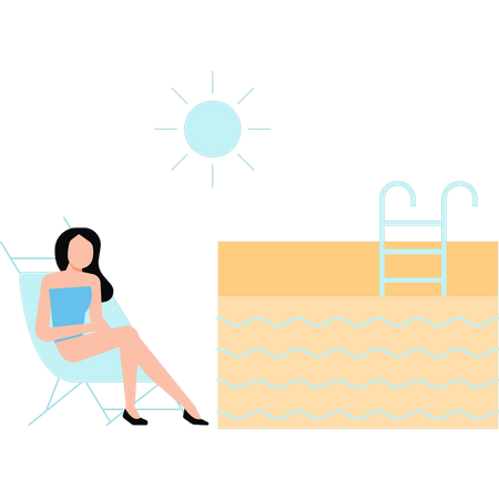 Menina tomando banho de sol perto da lagoa  Ilustração