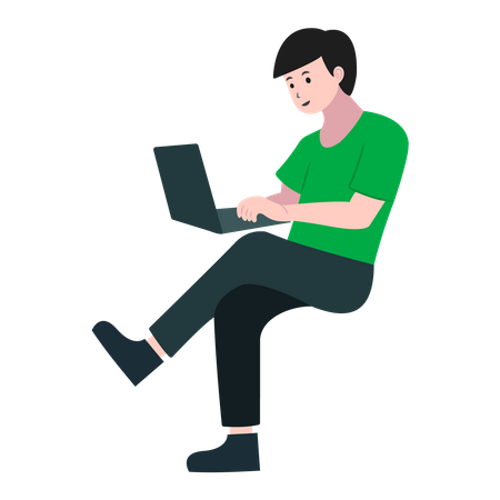 Jovem trabalhando com laptop  Ilustração