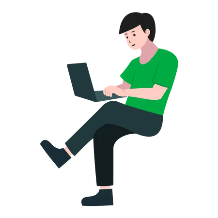 Jovem trabalhando com laptop  Ilustração