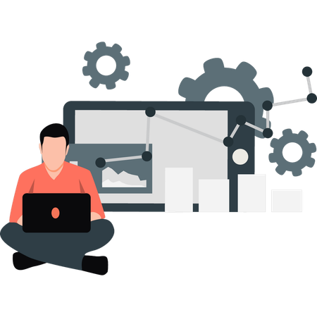 Jovem trabalhando em laptop enquanto faz gestão empresarial  Illustration