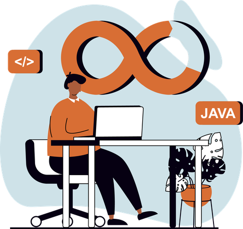 Jovem trabalhando em programação java  Ilustração