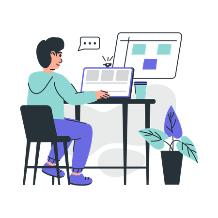 Jovem trabalhando em um laptop em um ambiente de trabalho moderno com plantas  Ilustração