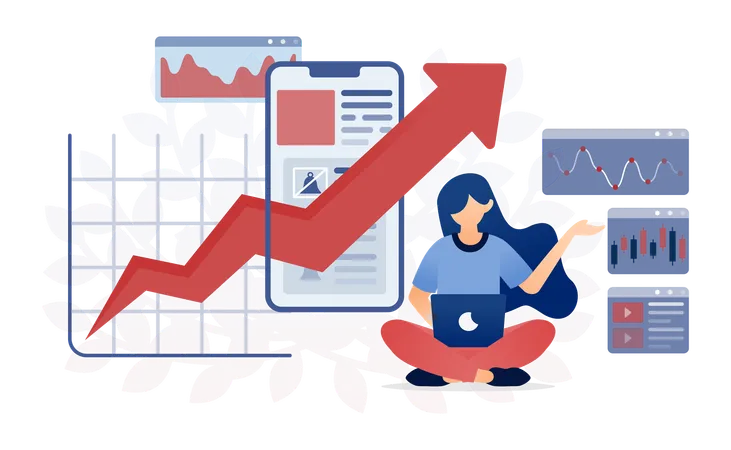 Jovem trabalhando em um laptop enquanto observa o crescimento do mercado  Ilustração
