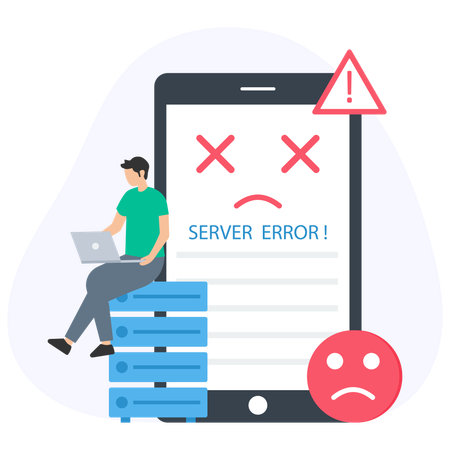 Jovem trabalhando em laptop enquanto recebe erro de servidor  Ilustração