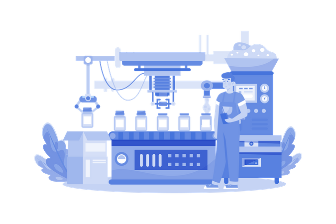 Jovem trabalhando em linha de produção automatizada  Ilustração