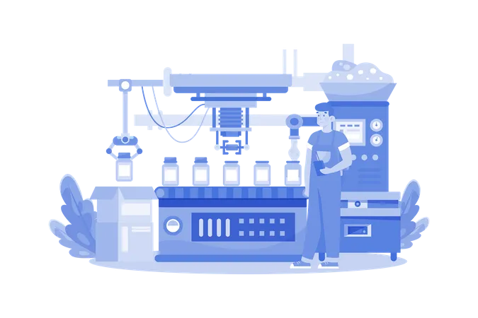 Jovem trabalhando em linha de produção automatizada  Ilustração