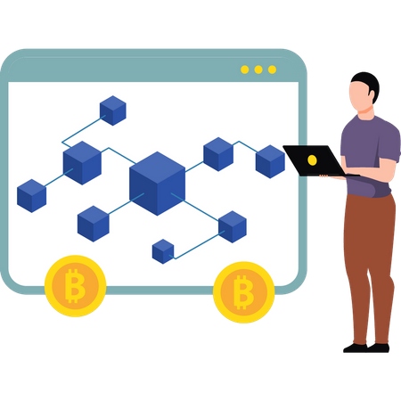 Jovem trabalhando no blockchain Bitcoin  Ilustração