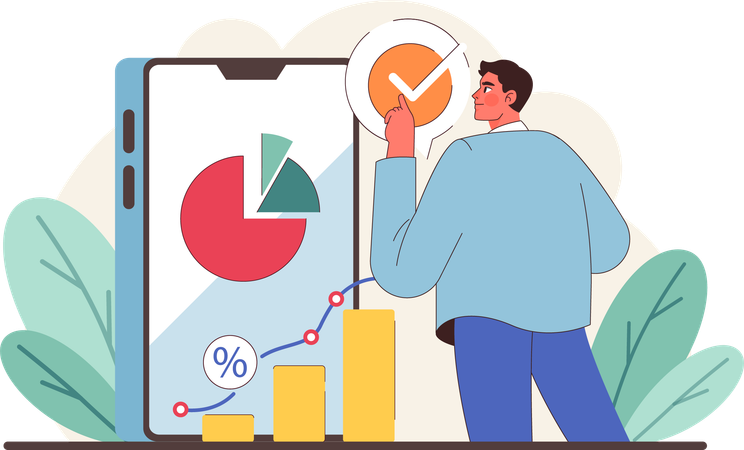 Jovem trabalhando no gráfico de análise on-line  Ilustração