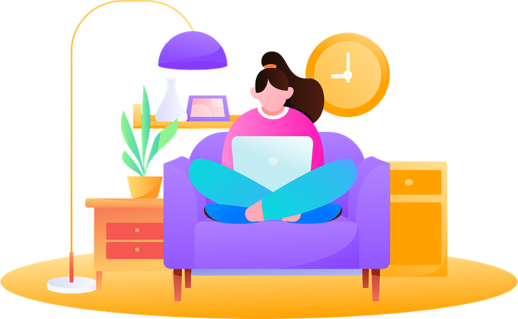 Jovem trabalhando no laptop em casa  Ilustração
