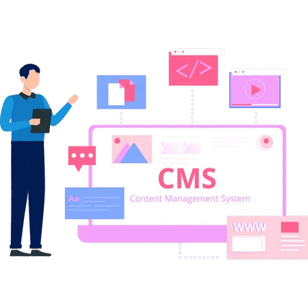 Jovem trabalhando no sistema CMS  Ilustração