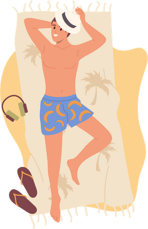 Turista jovem deitado na toalha de praia, aproveitando o descanso à beira-mar do resort tropical  Ilustração