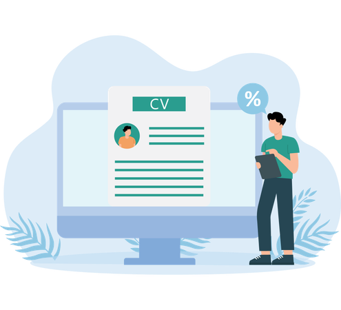 Jovem verificando requisitos de CV  Ilustração